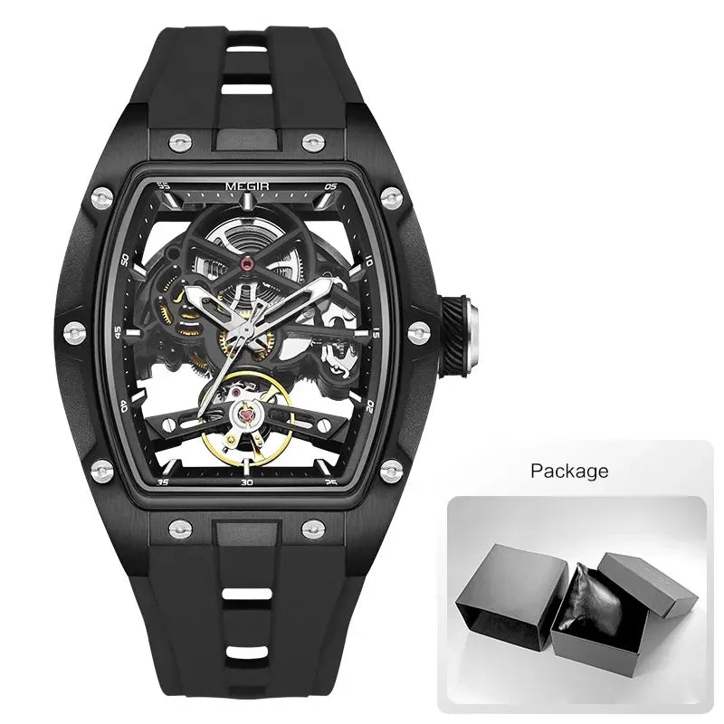 MEGIR Men's Automatic Mechanical Watch with Stainless Steel Case Silicone Band Skeleton Dial Waterproof Sport Wristwatch - Acros