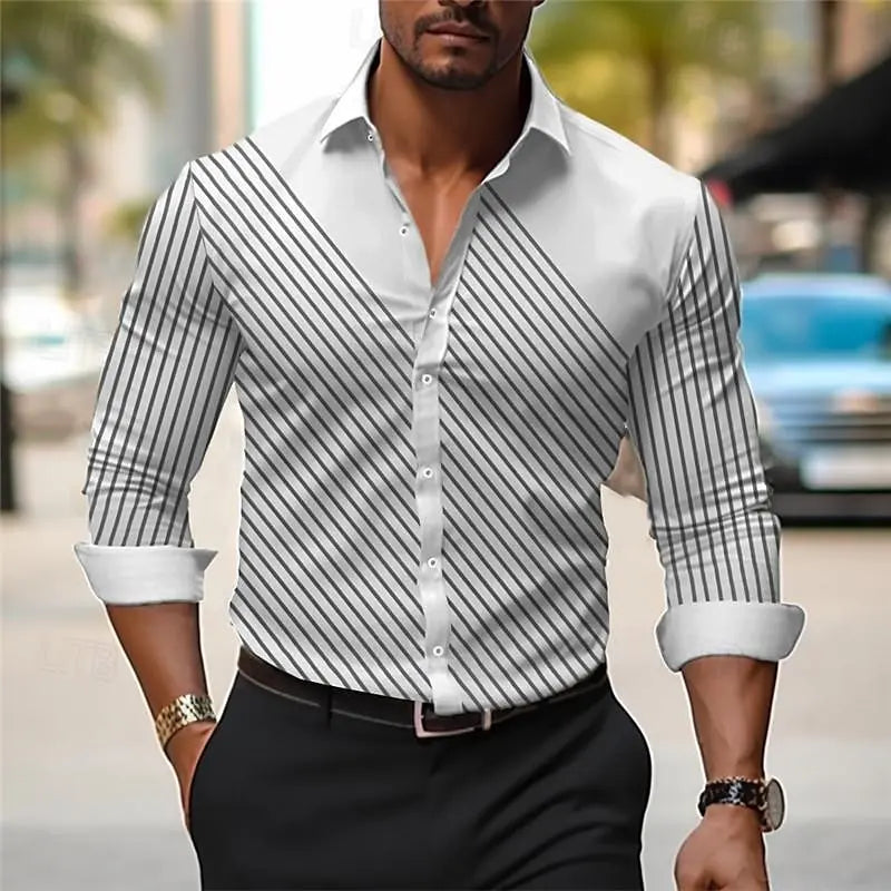 Ansoff men's striped business casual long-sleeved shirt with buttons, ideal for spring and summer workwear, comfortable and stylish.
