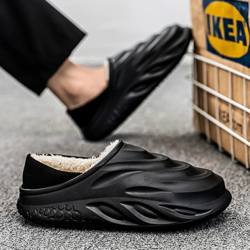 Ansoff men's slippers with velvet heel cover, non-slip, waterproof, wear-resistant, warm home shoes for men and women.