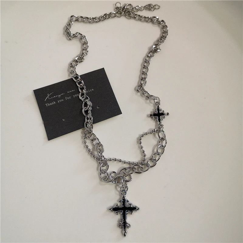 Punk Rock Black Heart Cross Pendant Chain Necklace For Men Women Cool Hip Hop Street Vintage 90s Y2K Grunge Goth Accessories - Acros
