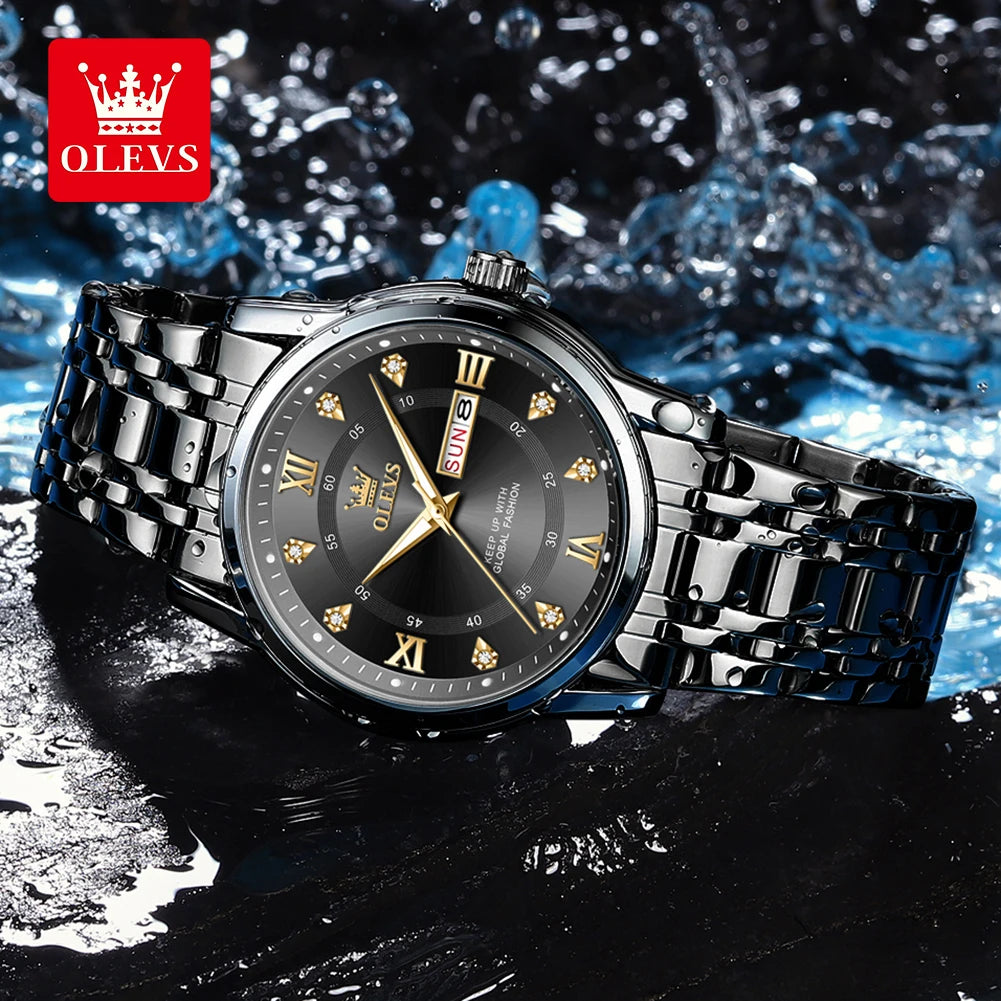 OLEVS Man Watches Original Waterproof Luminous Quartz Watch Week Date Watches For Man Gifts Box Steel Strap 5513 - Acros