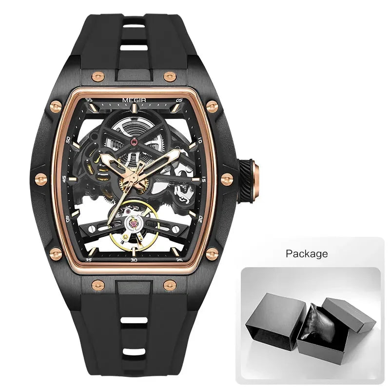 MEGIR Men's Automatic Mechanical Watch with Stainless Steel Case Silicone Band Skeleton Dial Waterproof Sport Wristwatch - Acros