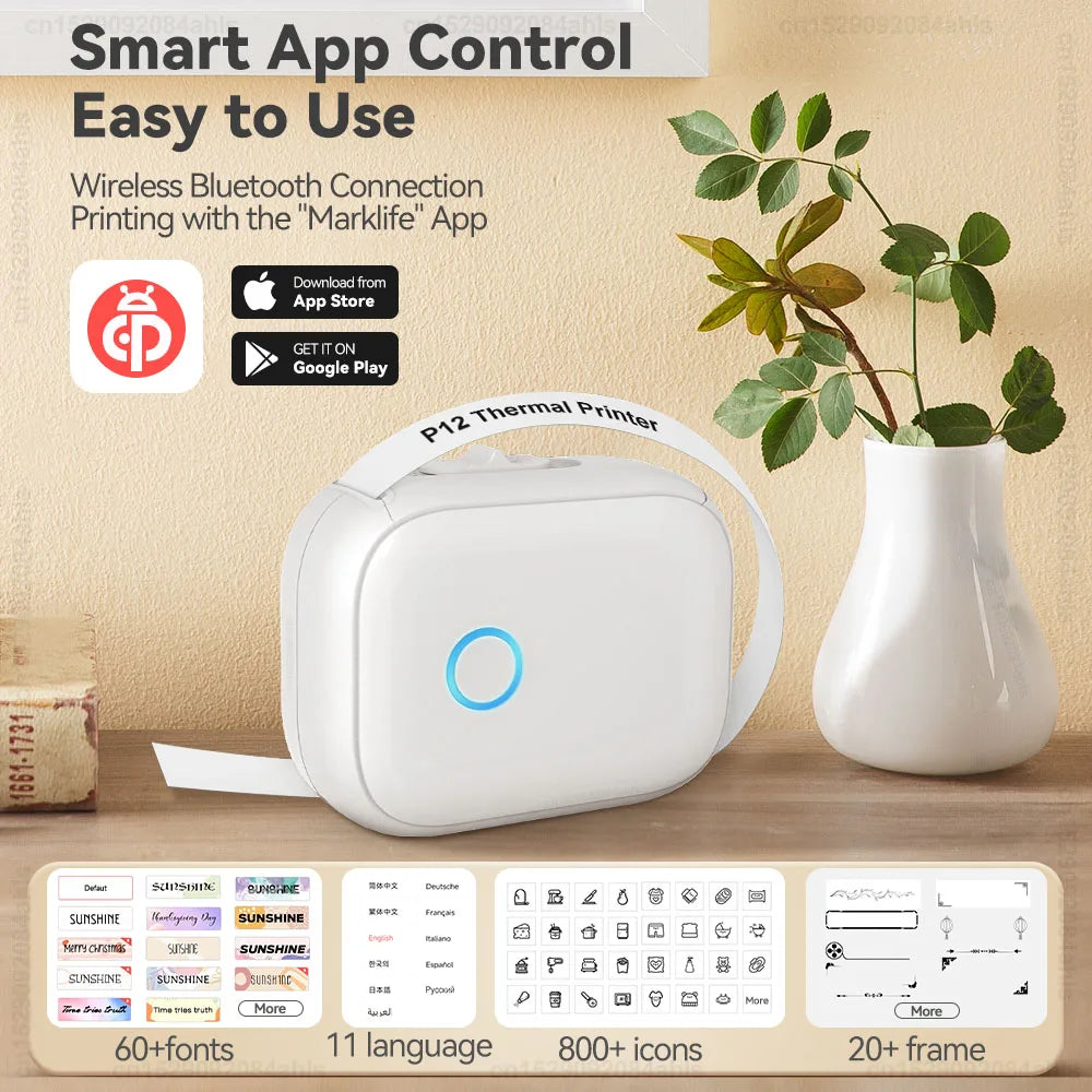 Portable Mini Printer Marklife P12 Thermal Printer Adhesive Sticker Labeling Machine P12 Label Maker or 1PK Continues Label Tape - Acros