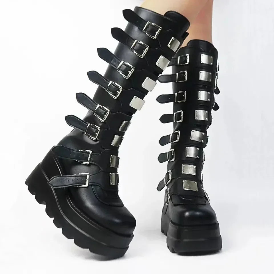 Gothic Shoes Platform Knee High Punk Black Sexy Motorcycles 2023 New Halloween Cosplay 2024 Shoes for Women Zapatos De Mujer - Acros