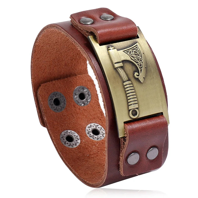 Ansoff VOQ retro Nordic Viking leather bracelet with wide band, adjustable punk-style bangle featuring locomotive design elements.