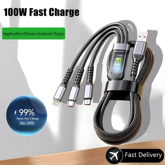 100W Fast Charging Cable Multi Charger Cable Nylon Braided Multiple USB Universal 3 in 1 Charging Cord Adapter with Type-C Micro - Acros