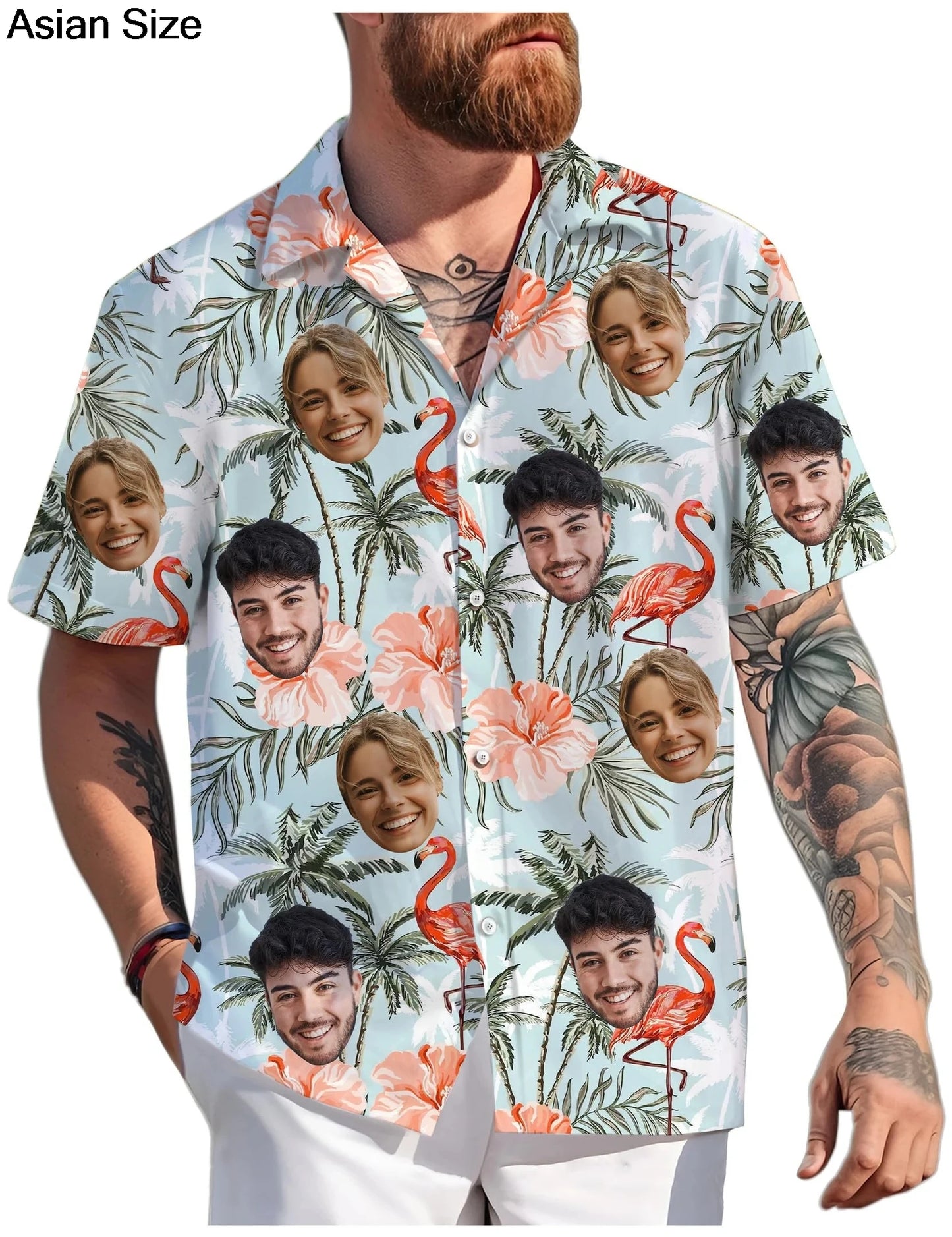Custom Hawaiian shirts for women featuring face designs, personalized beach blouses by Ansoff, perfect for couples and girlfriends.