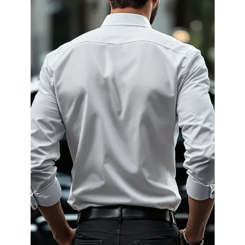 Ansoff 2025 men's solid color long sleeve shirt, smart casual style, four-season, elastic fabric, suitable for business and casual wear.