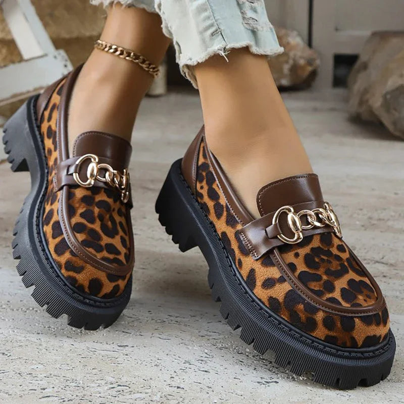 Shoes for Women Fashion Retro Suede Leopard Loafers Metal Decoration Round Toe Women's Loafers Casual Chunky Platform Shoes Lady - Acros