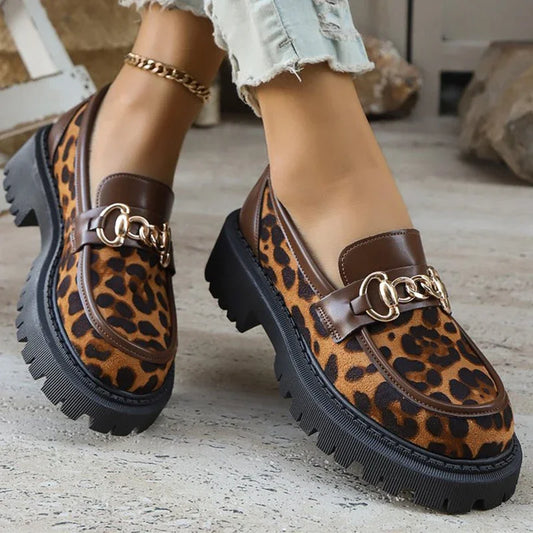 Shoes for Women Fashion Retro Suede Leopard Loafers Metal Decoration Round Toe Women's Loafers Casual Chunky Platform Shoes Lady - Acros