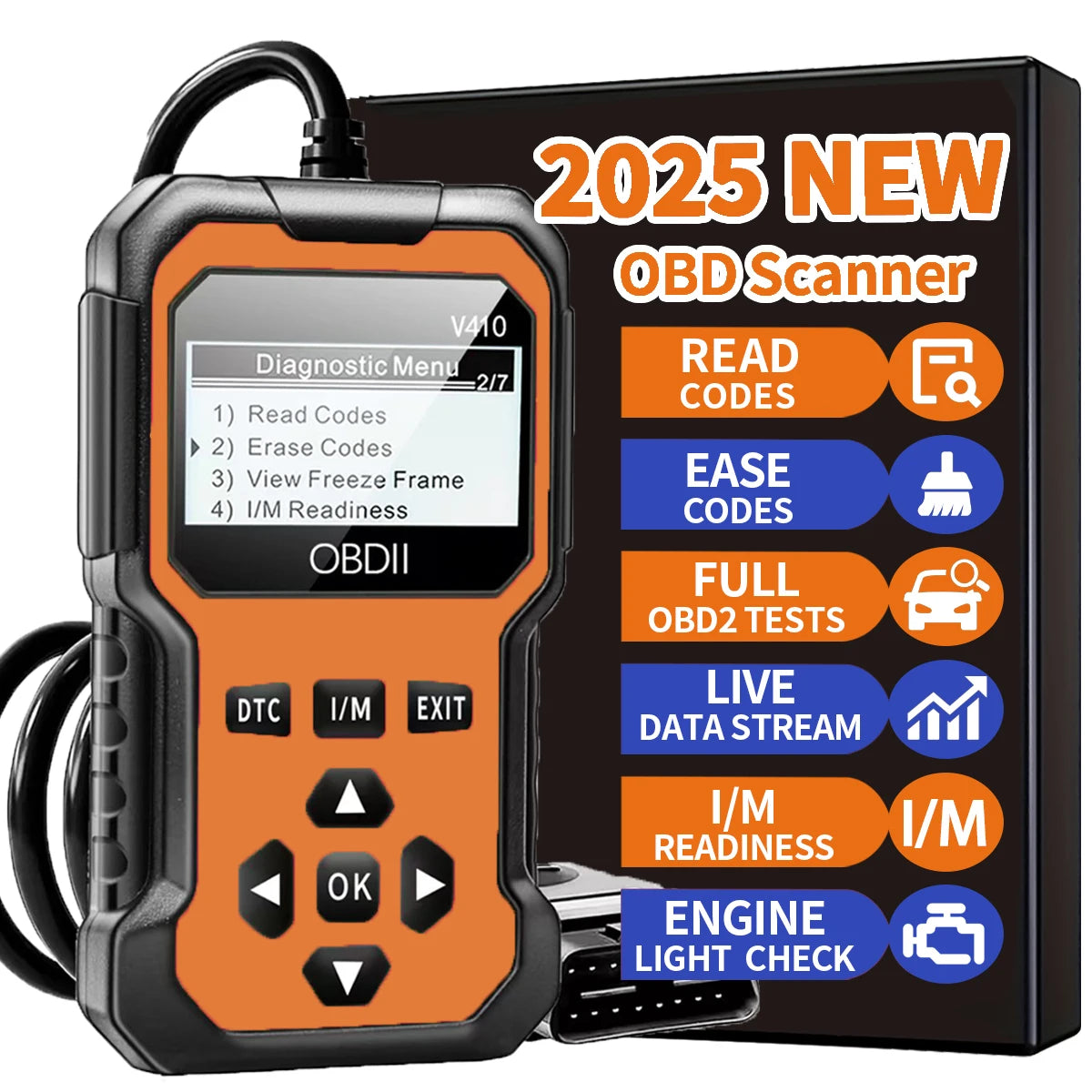 Ansoff OBD2 scanner diagnostic tool for cars, showing device with screen and connectors, used to read engine fault codes.