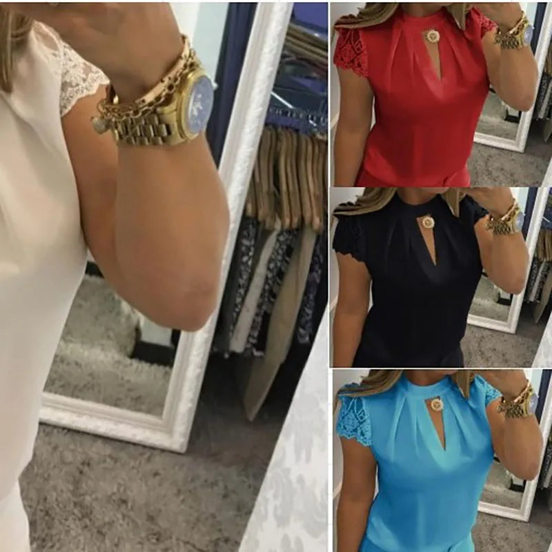 Ansoff women's high neck blouse with deep V-back, lace sleeves, patchwork details, stand-up collar, and front zipper.