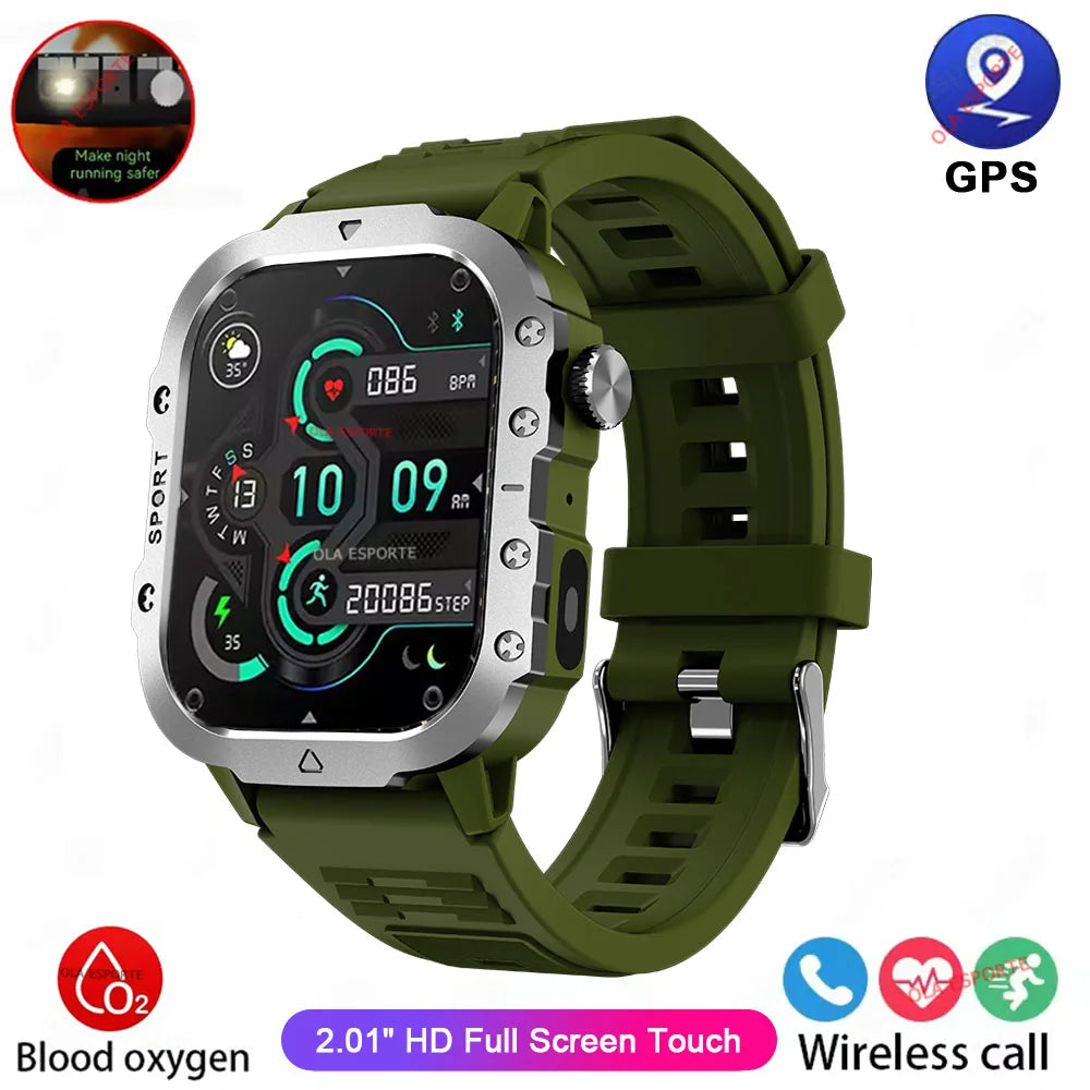Ansoff rugged military smart watch for men with 2.01-inch HD touch screen, LED flashlight, Bluetooth call, outdoor features.