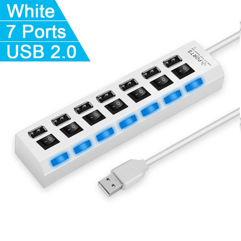 High Speed 4/7 Ports USB HUB 2.0 Adapter Expander Multi USB Splitter Multiple Extender with LED Lamp Switch for PC Laptop - Acros