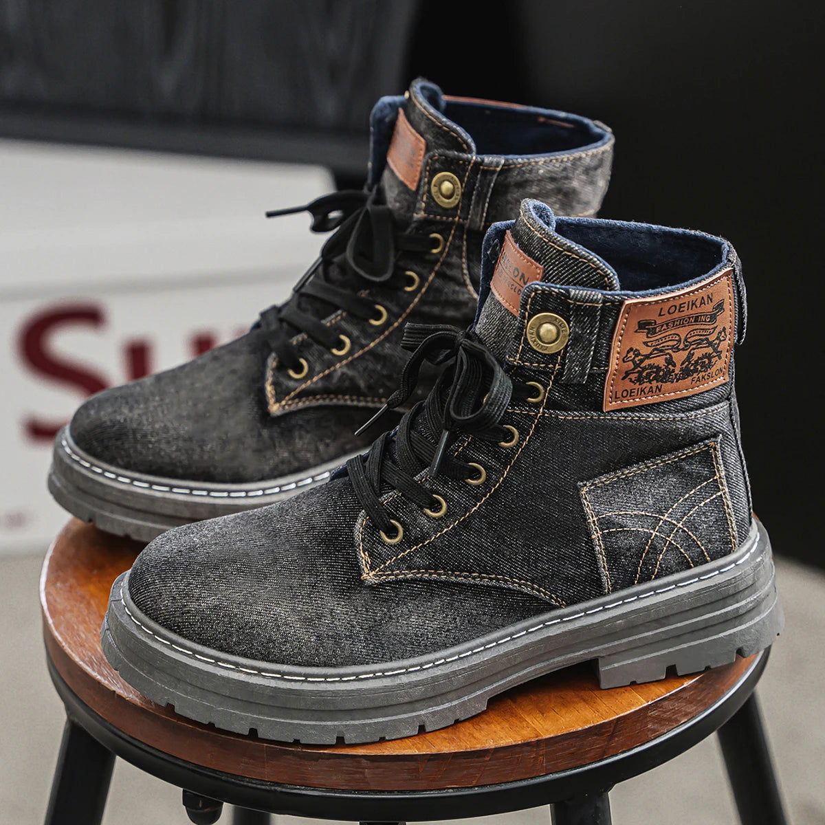 Ansoff men's canvas denim climbing boots with breathable fabric, versatile outdoor footwear for casual or outdoor activities.