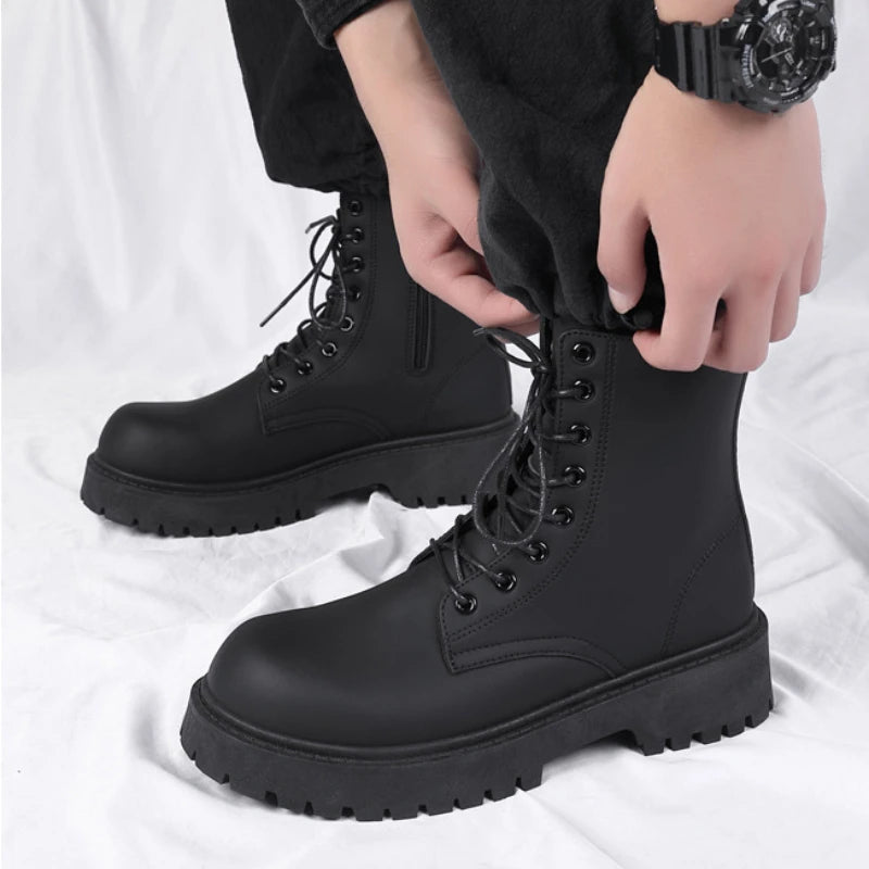 Black leather men's high top platform motorcycle boots with lace-up design, waterproof casual style by Ansoff.