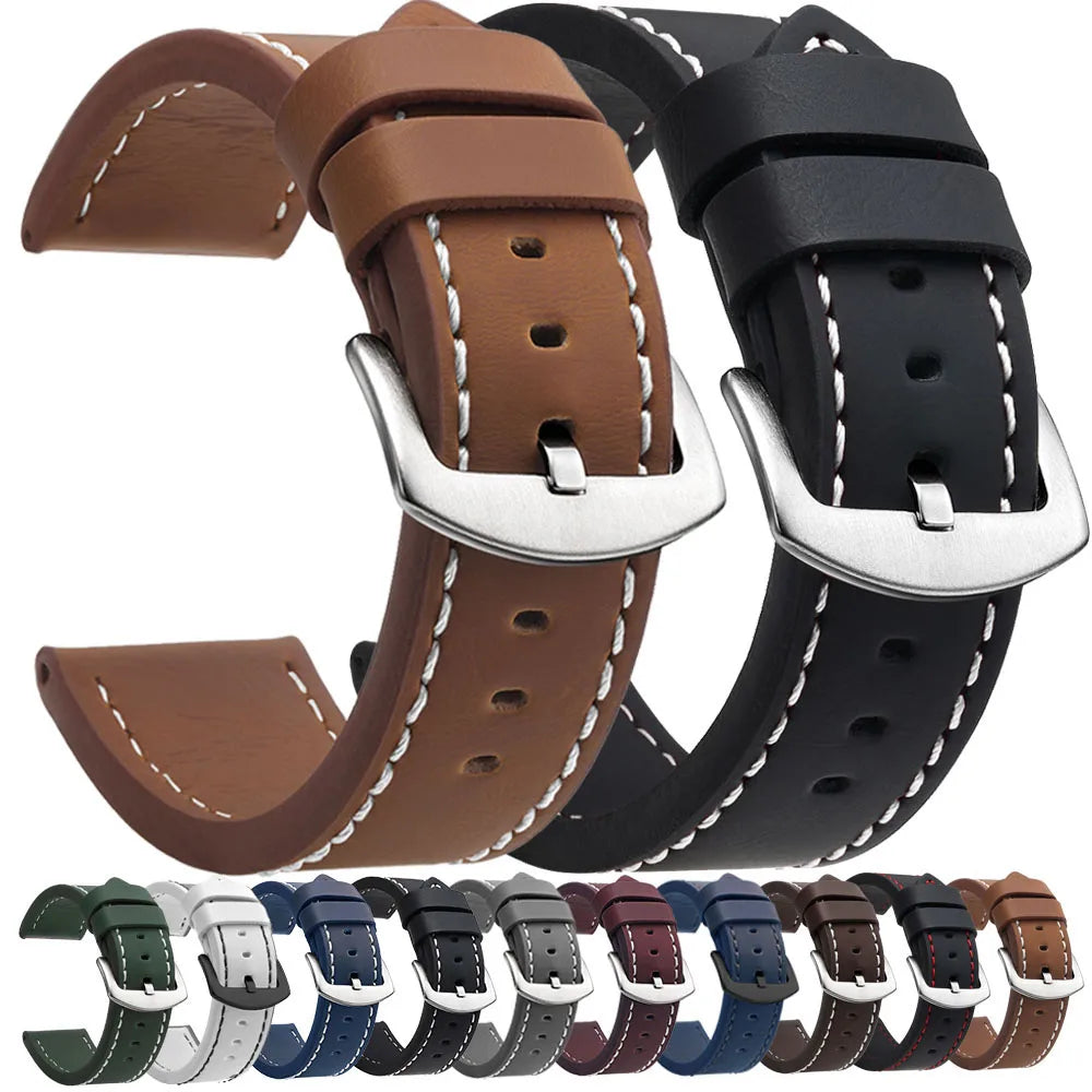 Ansoff vintage leather watch strap with stainless steel buckle, available in 18mm to 24mm sizes, for sports or casual watches.