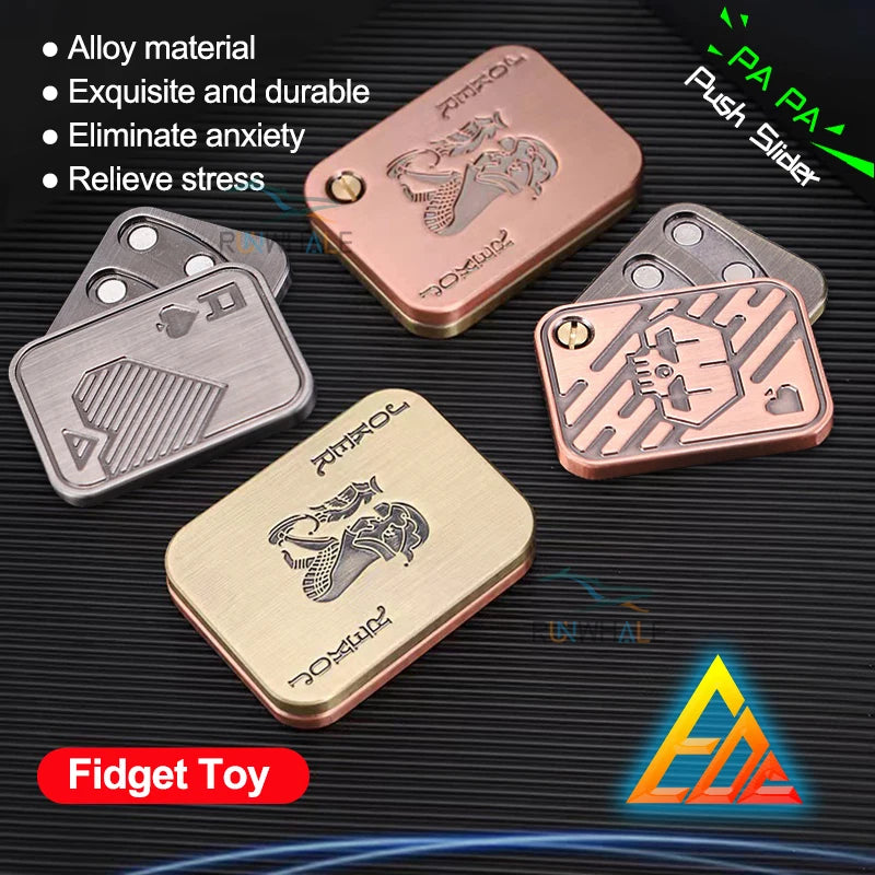 Ansoff EDC push slider metal fidget toy with magnetic pop features, designed to relieve anxiety and improve focus.