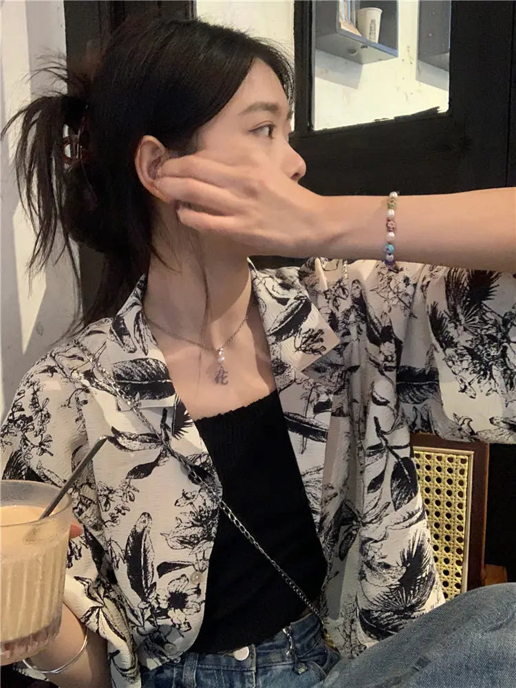 Women's vintage French style printed shirt by Ansoff, featuring a cozy, simple summer design perfect for daily casual wear.