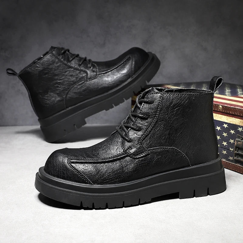 Ansoff genuine leather men's workwear boots with thick platform, side zipper, casual style, outdoor suitable, height-increasing footwear.