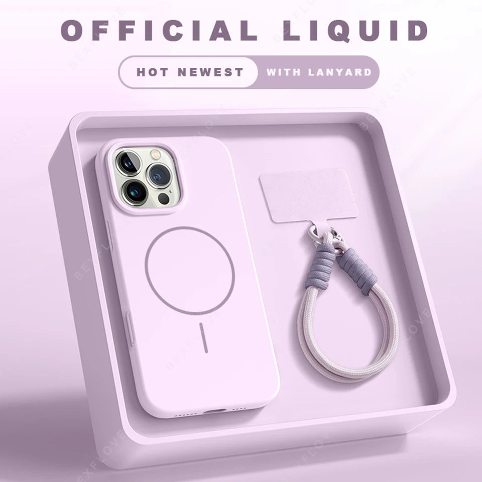 Magnetic Phone Case For iPhone 15 14 16 Plus 11 12 13 16 Pro Max Silicone Official Lanyard Magsafe Strap Protector Soft Cover - Acros