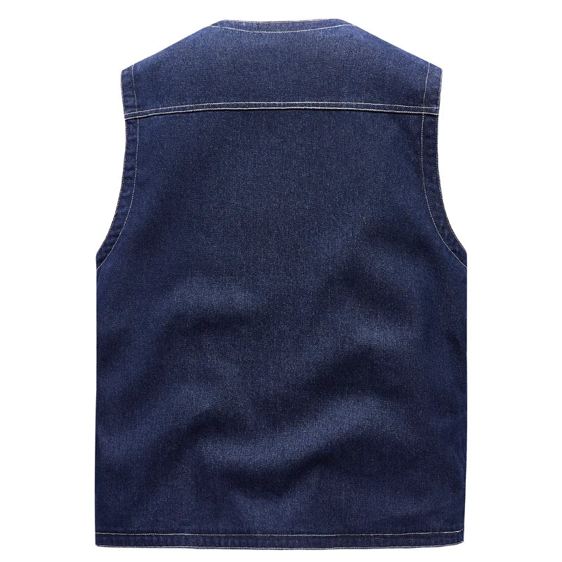 Men Jean Vest Outerwear Denim Waistcoat Multi-pocket Cargo Denim Jacket Blue Sleeveless Coat Retro Fashion Motorcycle Vest