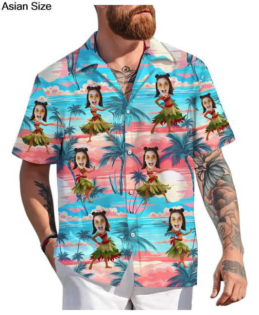 Unisex custom Hawaiian shirt with face print, featuring bright tropical design, perfect for women, couples, or beachwear by Ansoff.