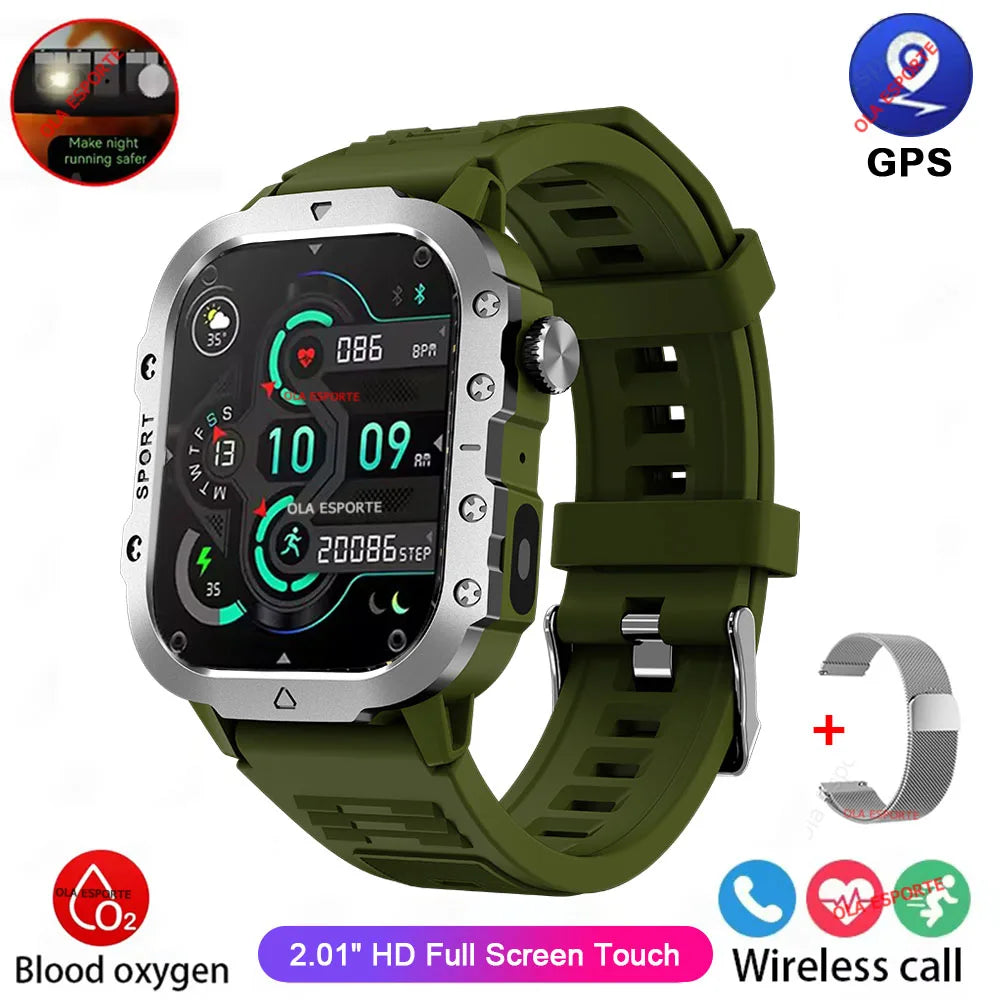 Ansoff 2026 rugged military smartwatch for men with HD touch screen, LED flashlight, voice Bluetooth call, outdoor design