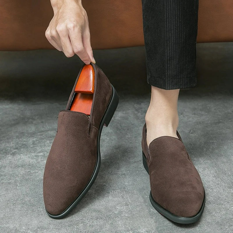 Men's Shoes Suede Leather Shoes Fashion Business Office Dress Shoes Brown Slip on Casual Shoe Red Sole Pointed Toe Male Loafers - Acros