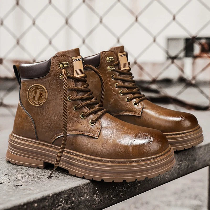 Ansoff 2026 high-top leather work and motorcycle boots with thick soles, British-style casual footwear, front view.