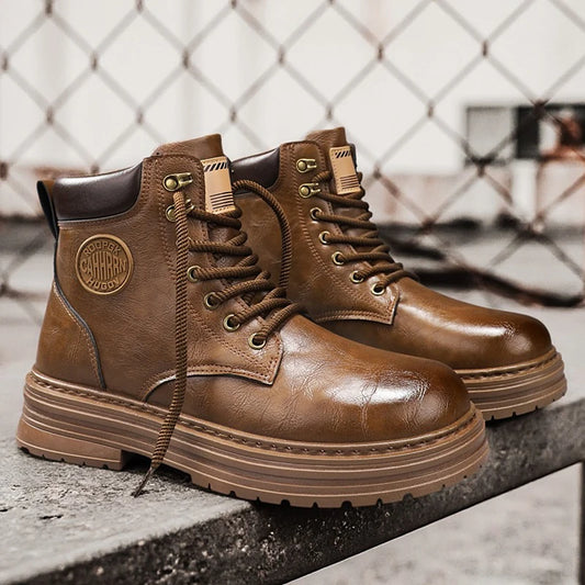 Ansoff 2026 high-top leather work and motorcycle boots with thick soles, British-style casual footwear, front view.