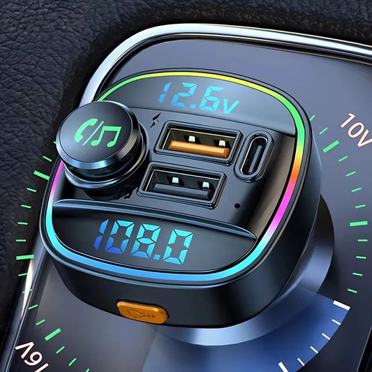 Ansoff Bluetooth 5.0 FM transmitter with USB super quick charge adapter, showing the device connected in a car dashboard.