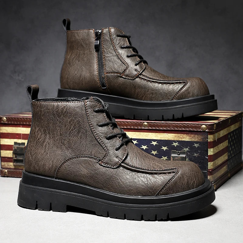 Ansoff genuine leather men's workwear boots with thick platform soles, side zipper, casual style, outdoor suitable height increasing footwear.