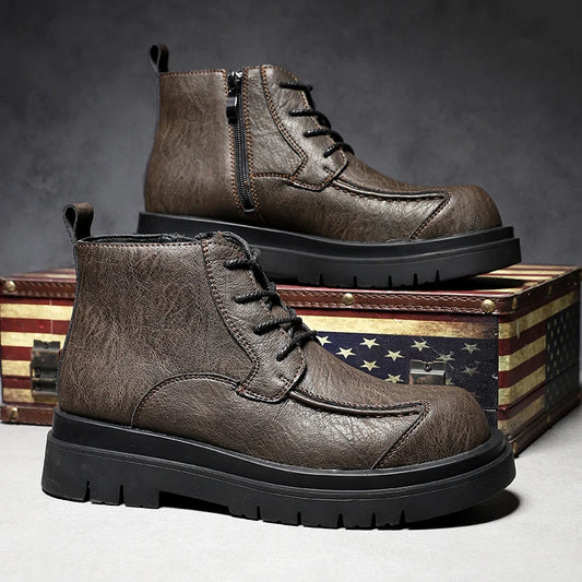 Ansoff genuine leather men's workwear boots with thick platform soles, side zipper, casual style, outdoor suitable height increasing footwear.