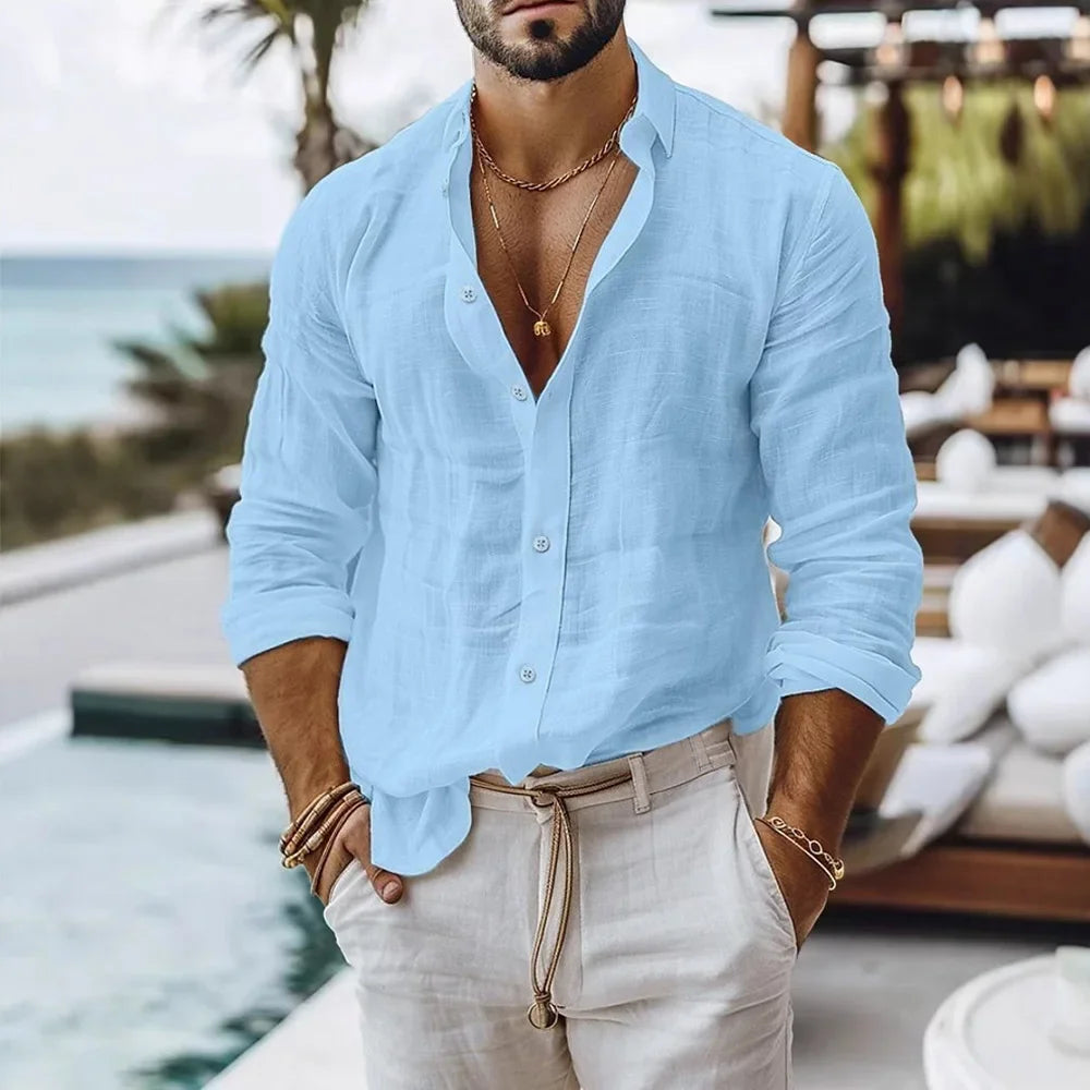 Ansoff men's cotton linen summer beach shirt in solid color, lightweight, breathable, single-breasted button-up top.
