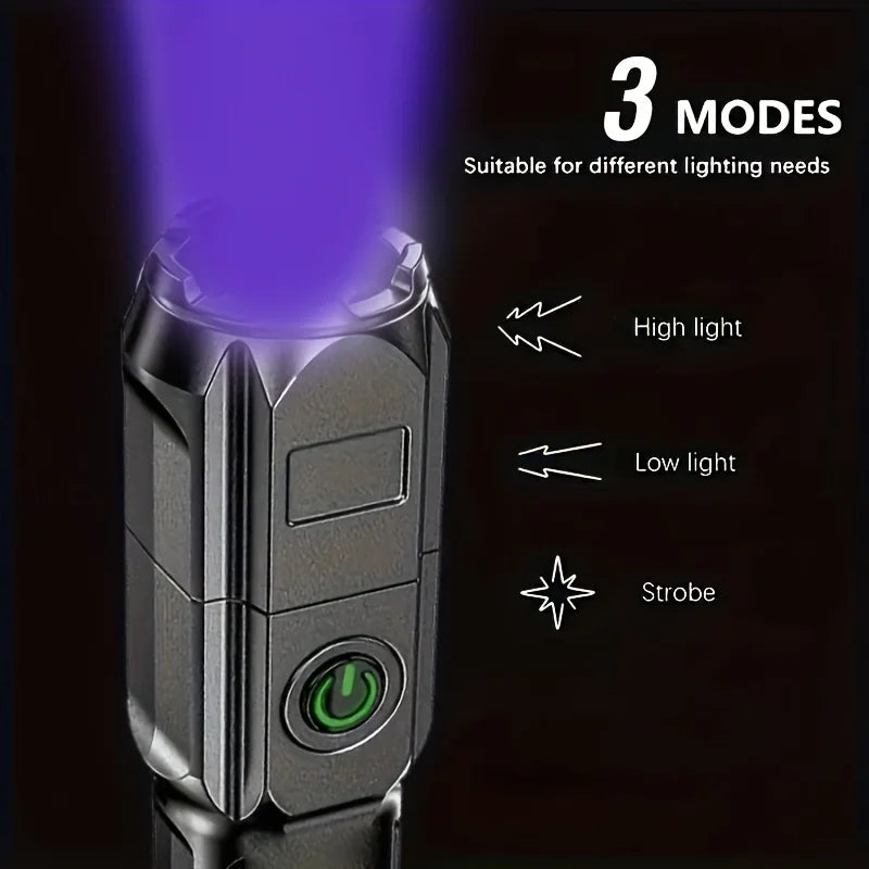 Ansoff portable UV395NM flashlight with zoomable design, three modes, used for pet detection and fluorescent inspection.