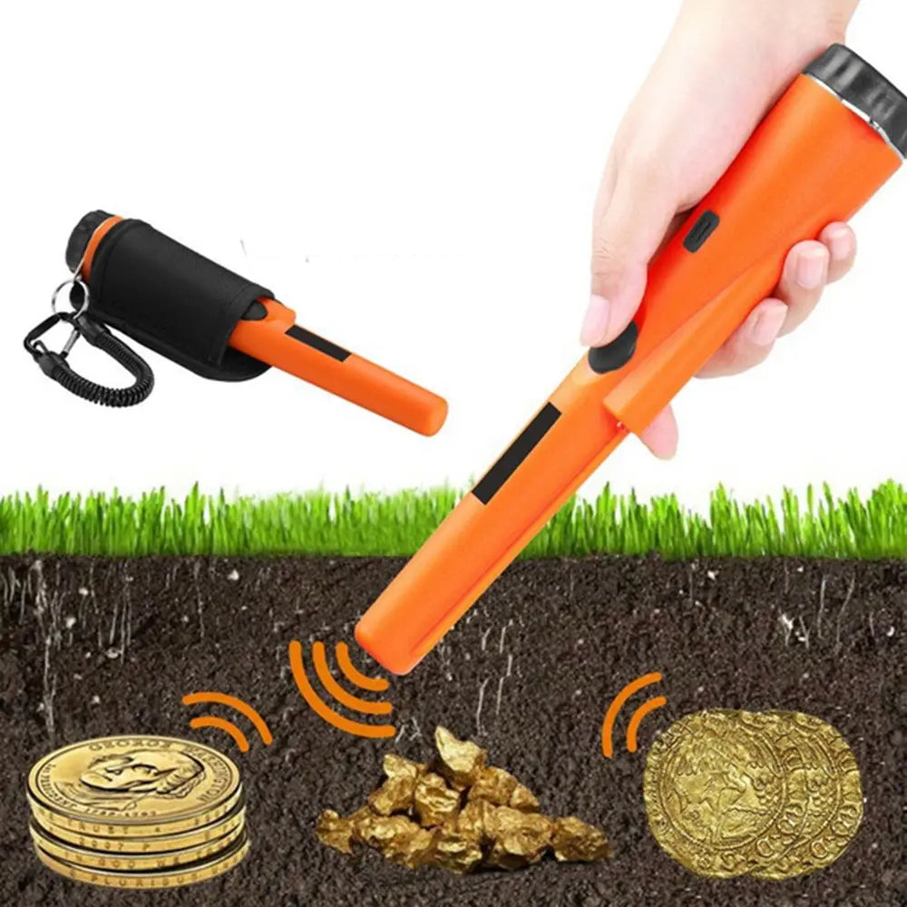 Ansoff professional metal detector with a handheld device for coin, gold, and treasure hunting in outdoor gardens.