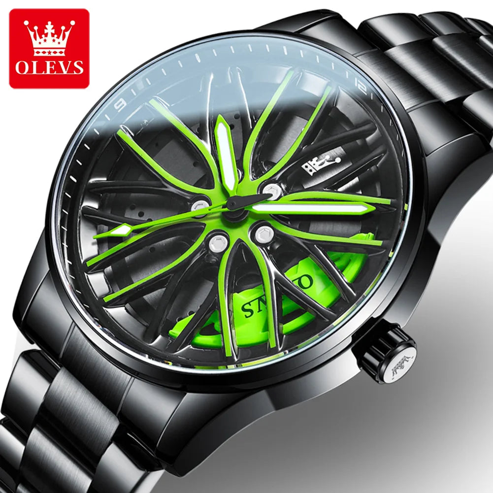 OLEVS Men Watches Rotatable Wheel Hub Dial Fashion Trend Original Quartz Wristwatch Waterproof Stainless Steel Luminous No.9937 - Acros