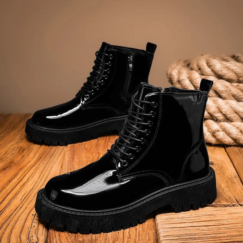 Black leather men's high top platform motorcycle boots with lace-up design, British style, casual and light fashion footwear from Ansoff