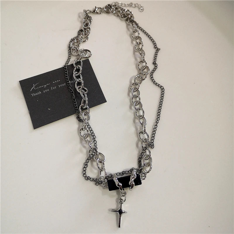 Punk Rock Black Heart Cross Pendant Chain Necklace For Men Women Cool Hip Hop Street Vintage 90s Y2K Grunge Goth Accessories - Acros