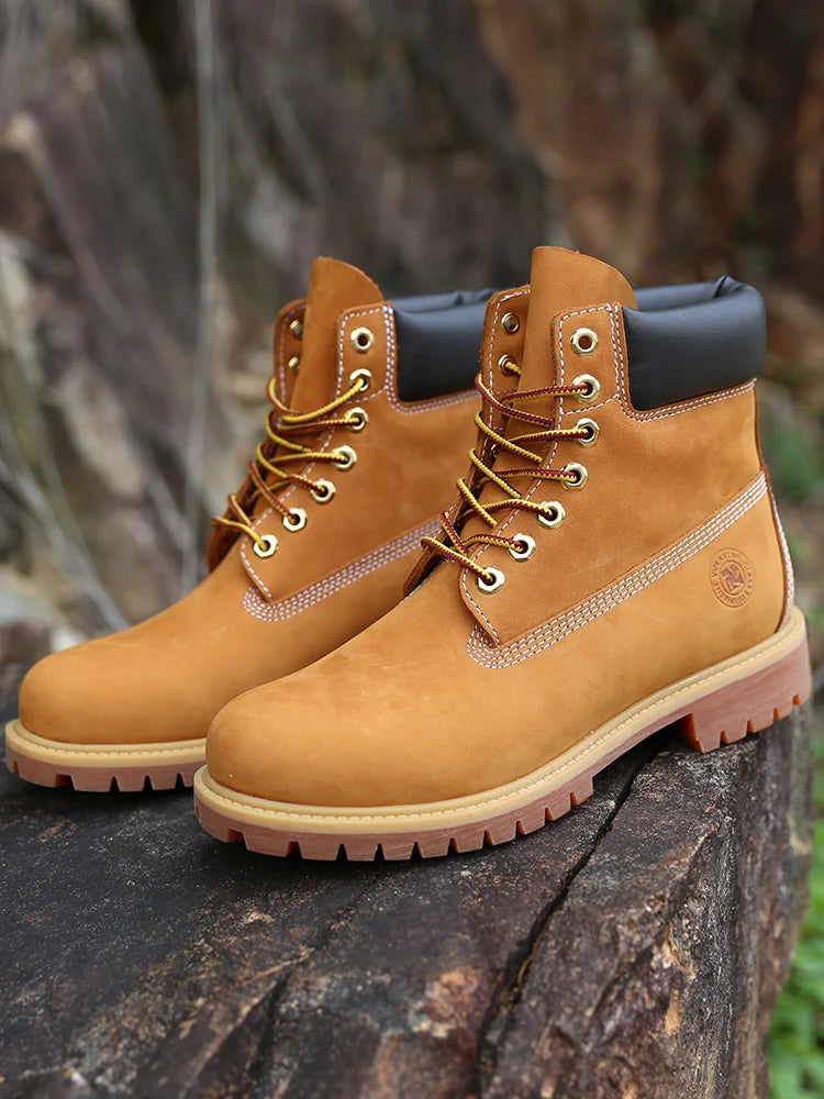 Ansoff men's waterproof yellow work boots with leather upper, outdoor hiking soles, and casual, comfortable design.