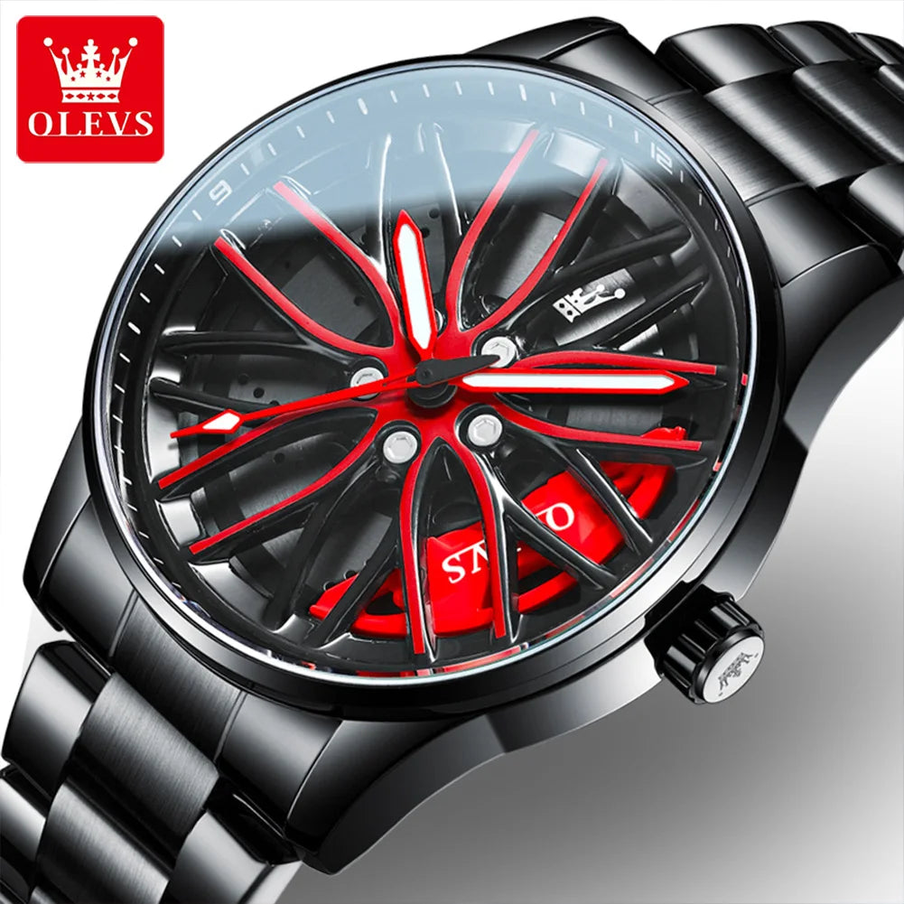 OLEVS Men Watches Rotatable Wheel Hub Dial Fashion Trend Original Quartz Wristwatch Waterproof Stainless Steel Luminous No.9937 - Acros