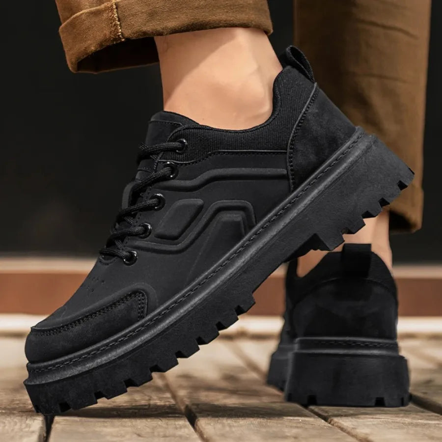 Ansoff men's autumn work boots with chunky yellow combat design, anti-slip thick sole, durable material, and height increase feature.