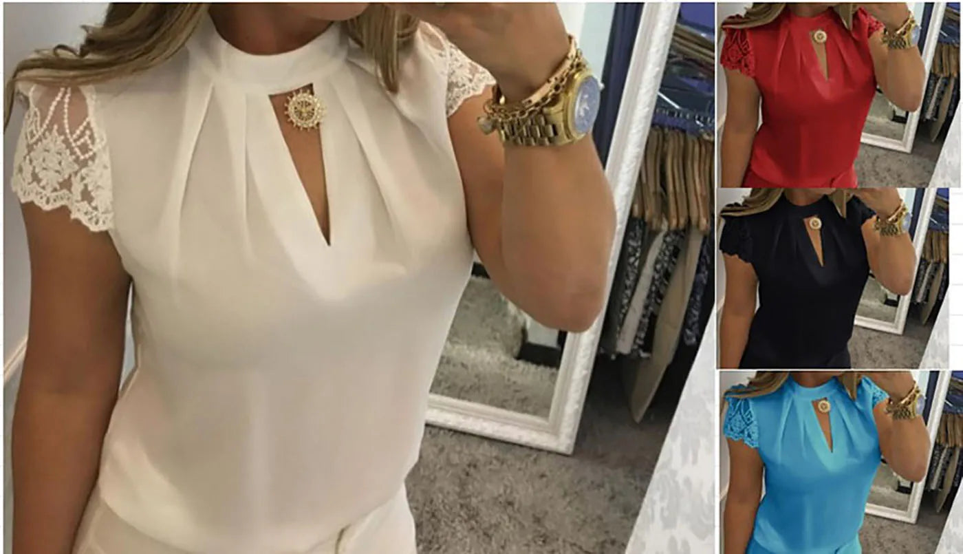 Ansoff women's high neck blouse with deep V-back, lace sleeves, patchwork details, stand-up collar, and zipper closure.