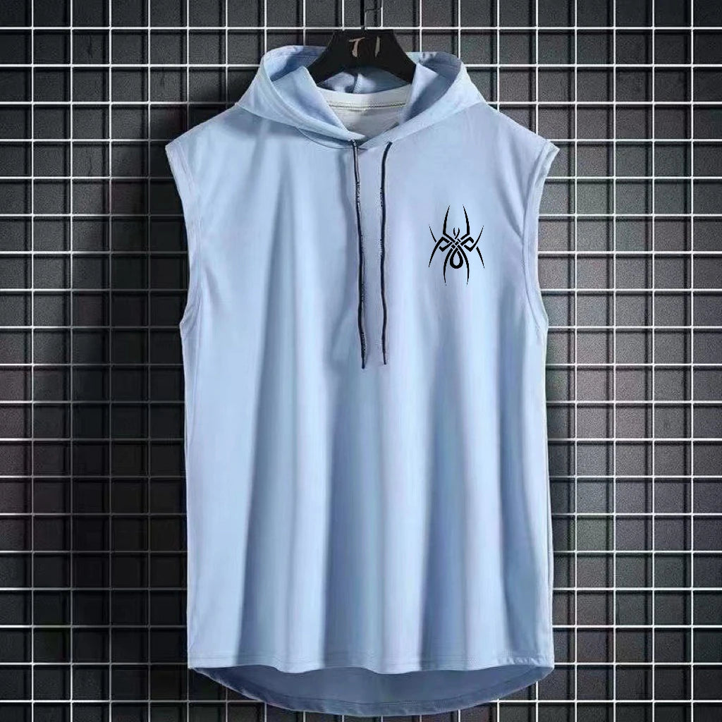 Summer hooded sweatshirt new men's sleeveless loose T-shirt solid color lightweight hooded sweatshirt fitness breathable collar