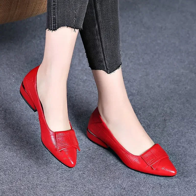 Shoe Women's 2024 New Spring and Autumn Shallow Cut Thick Heel Pointed Toe Women's Shoes Soft Leather Soft Sole Shoes Work Shoes - Acros