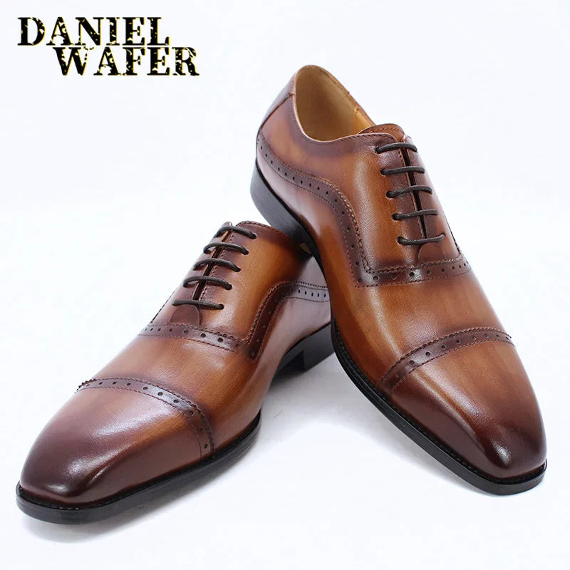 Black and brown genuine leather men's Oxford brogue shoes with cap toe and lace-up design by Ansoff for formal and wedding wear.