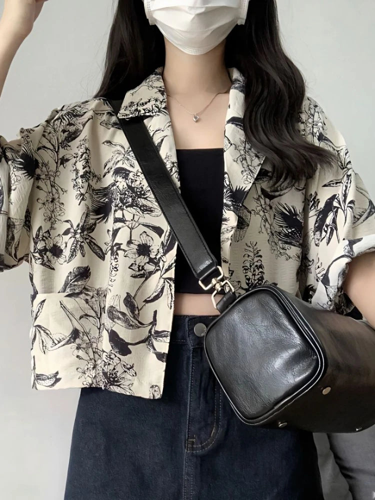 Ansoff women's vintage French-style printed shirt featuring colorful creative patterns, perfect for summer casual wear.