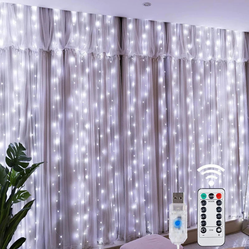 Christmas Lights LED Fairy String Curtain Lights 8 Mode Remote USB Festoon Christmas Decor For Home Holiday New Year Lamp - Acros