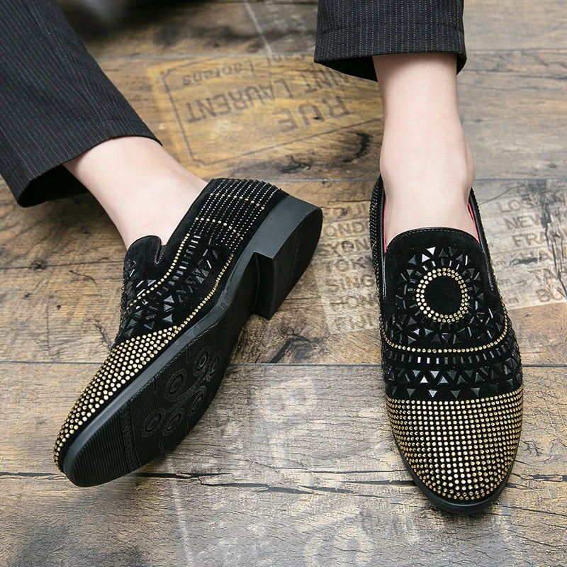 Ansoff men's pointed casual leather slip-on shoes with rhinestone embellishments, breathable design, suitable for nightlife and fashion.